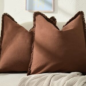 Set Of 2 Brown Cotton Fringe Accent Pillow Covers Size 18 X 18